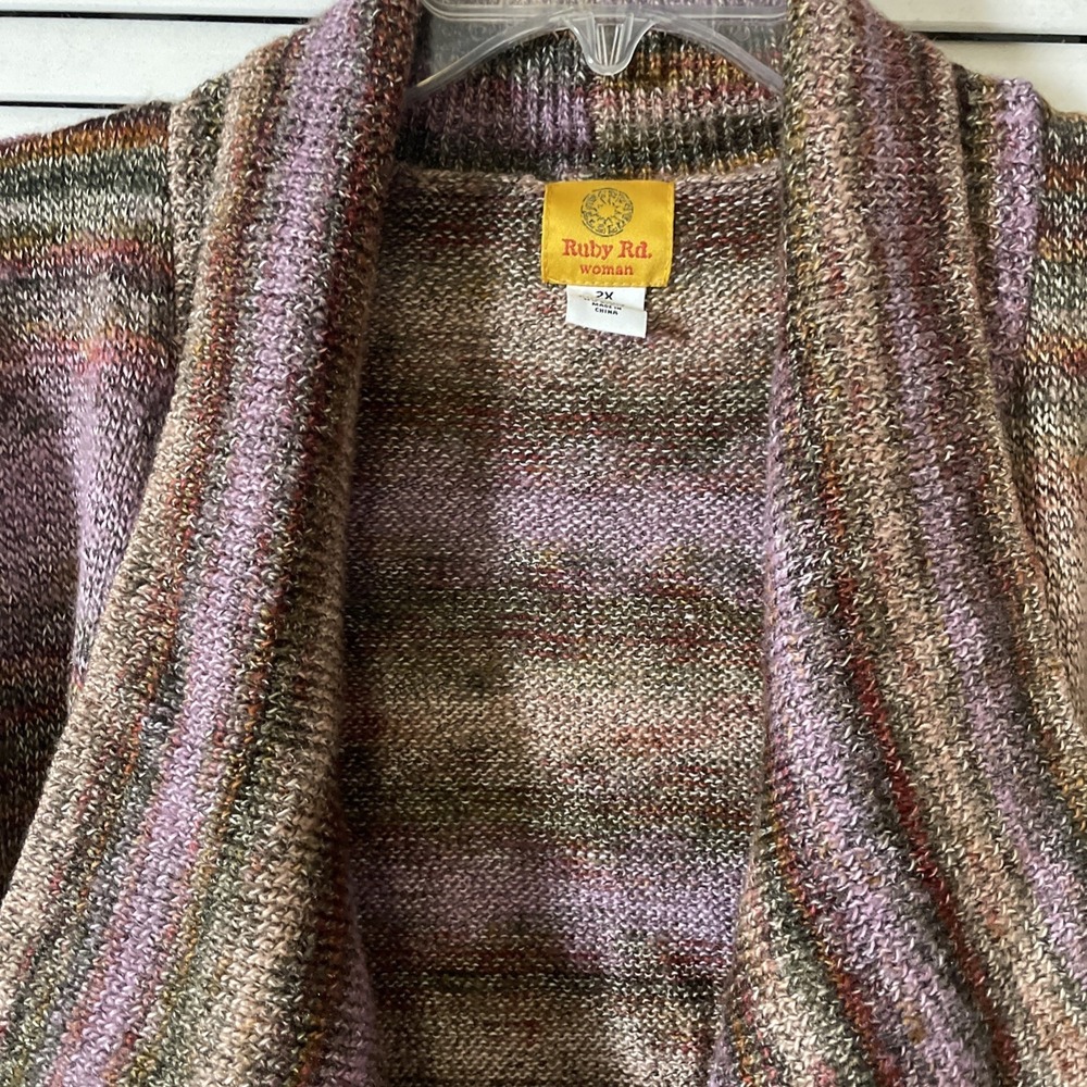 Ruby Rd. Open Front Cardigan Sweater Striped Purpl/Brwn Knit Stretch Womens 2X - Picture 2 of 8